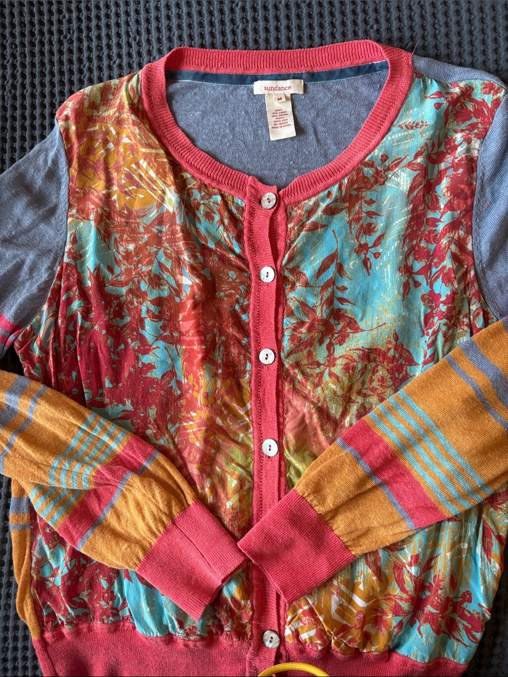 Sundance Coral-Trim Floral Cardigan with Teal Base